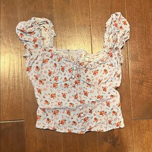 Reformation Light Blue Floral Crop Top with Orange Blossoms